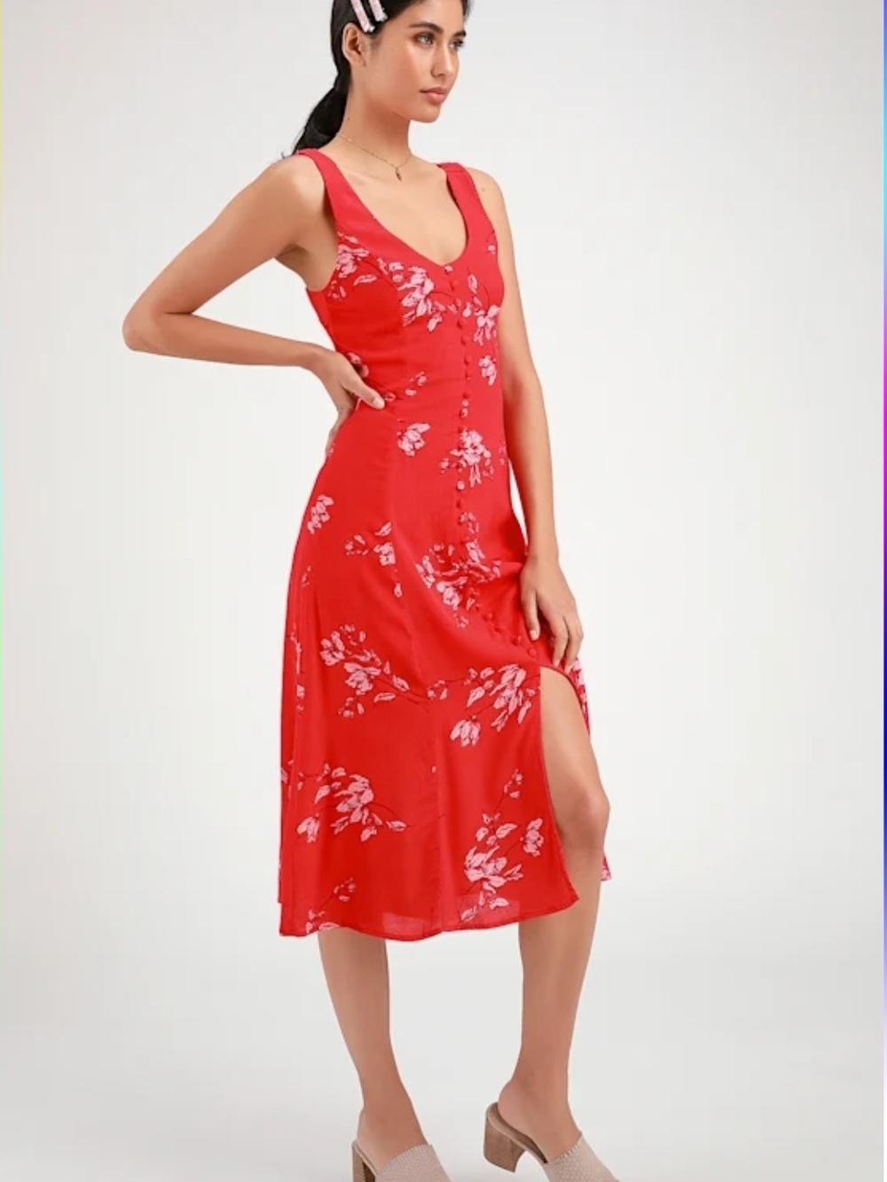 Lulu's Red Floral Midi Dress